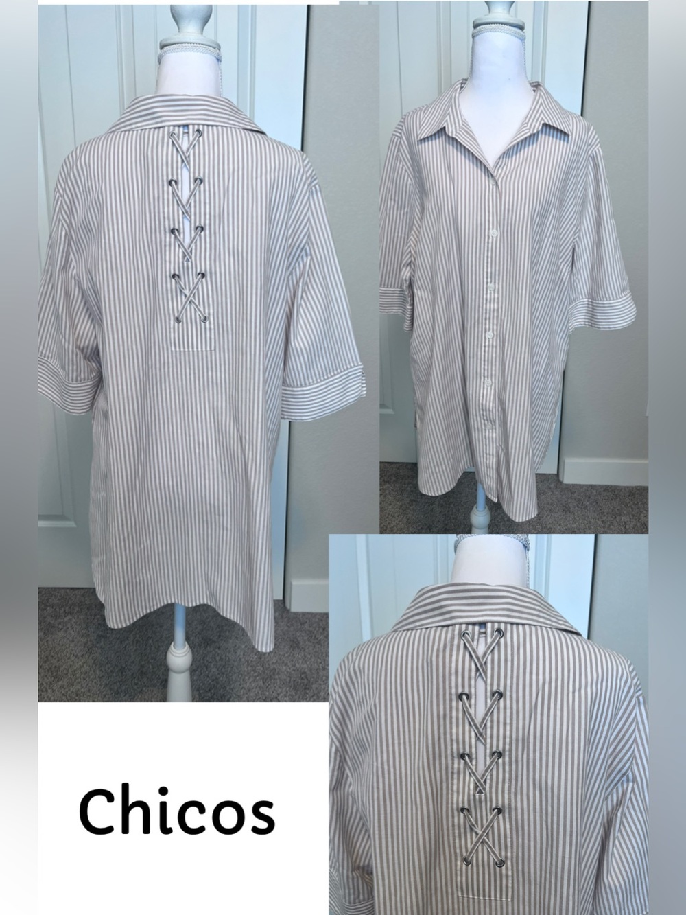 Chico’s Lace Up Back Tan White Striped Button Down Tunic Cotton Top Sz 3 XL 16